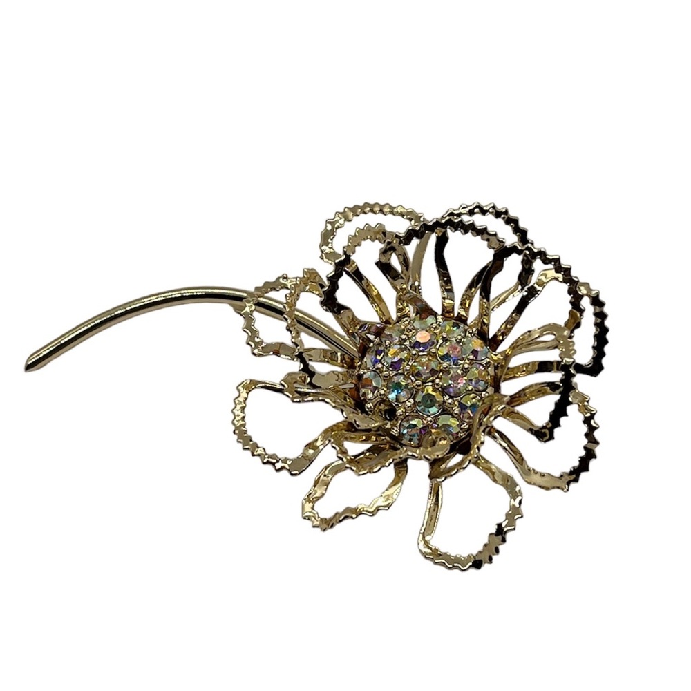 Vintage, gold tone, Sarah Coventry, aurora borealis flower brooch statement